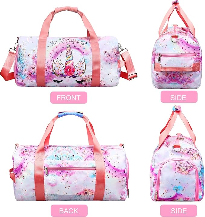 Gym Travel Duffle Bag for Girls - Gymnastics Sports Dance Bag with Shoe Compartment & Wet Pocket Unicorn Kids Travel Bag Teens Weekender Sleepover Carry On Bag