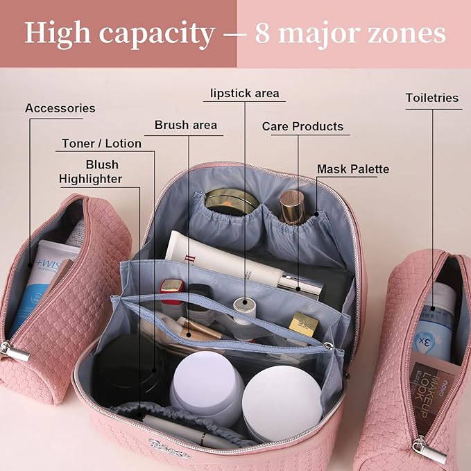 BOYATU Travel Makeup Bag Cosmetic Bags for Women: Large Capacity 3 Pcs Set Make up Bag with Compartments - Waterproof Vegan Leather Toiletry Organizer Bags with Handle (L39 Pink)