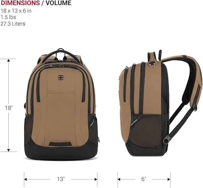 SWISSGEAR Cecil 18-Inch Laptop Backpack Fits 16-Inch Laptop, Travel Daypack with Organizer Pockets, Water Bottle Holders & Padded Straps – Pastel Brown/Black