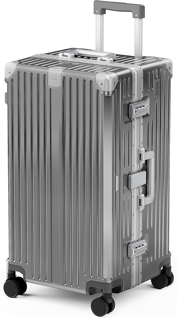 ALPHA CAMP Trunk Luggage, Large 26 Inch Thickened Aluminum Frame Luggage with TSA Spinner Wheels, 3-Layer PC Hardside Zipperless Travel Suitcase, Type-C USB Charging Port, Cup Holder， Grey