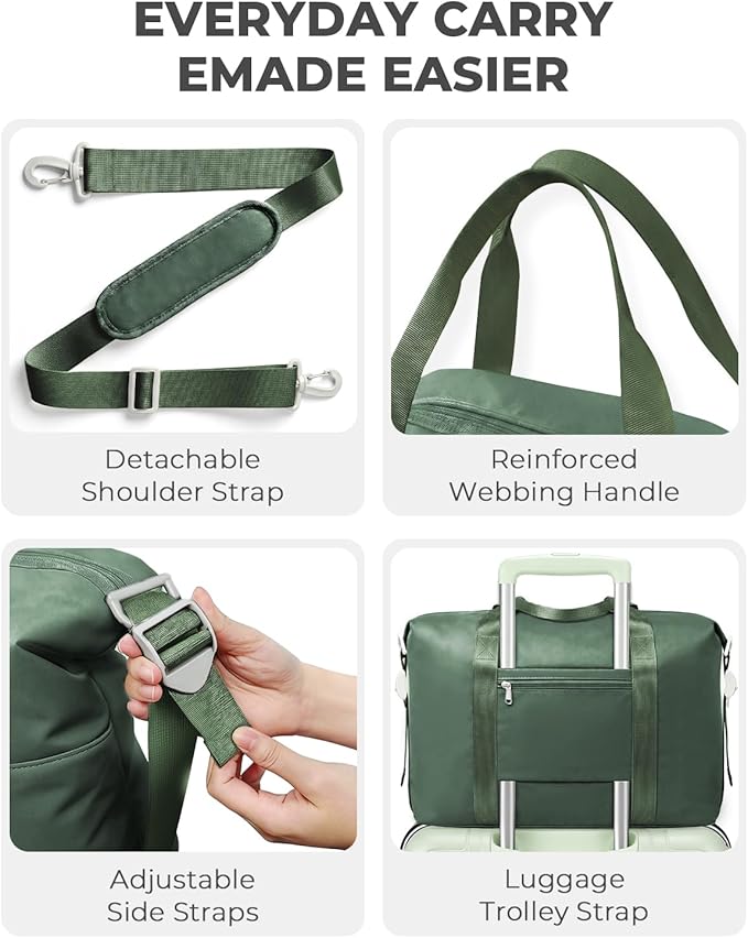 Percover Weekender Travel Duffel Bag for Women, Lightweight Soft-Structure 33L Carry-On, Water-Resistant Nylon with Shoulder Strap & Trolley Sleeve, Personal Item Friendly, Forest Green