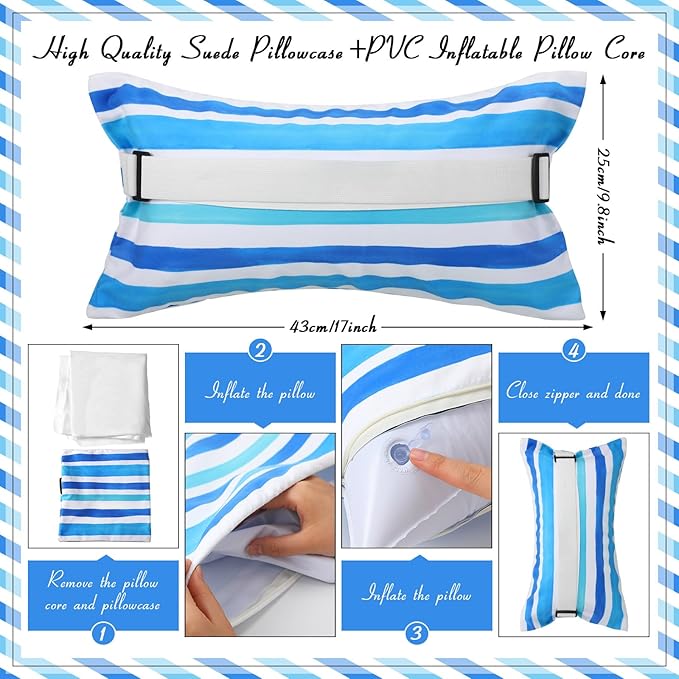 Menkxi 1 Pack 17"x10" Inflatable Beach Pillow with Removable Cover, Beach Chair Backpacking Pillow with Strap Stripe for Summer Sand Pools Travel Vacations(Blue White)