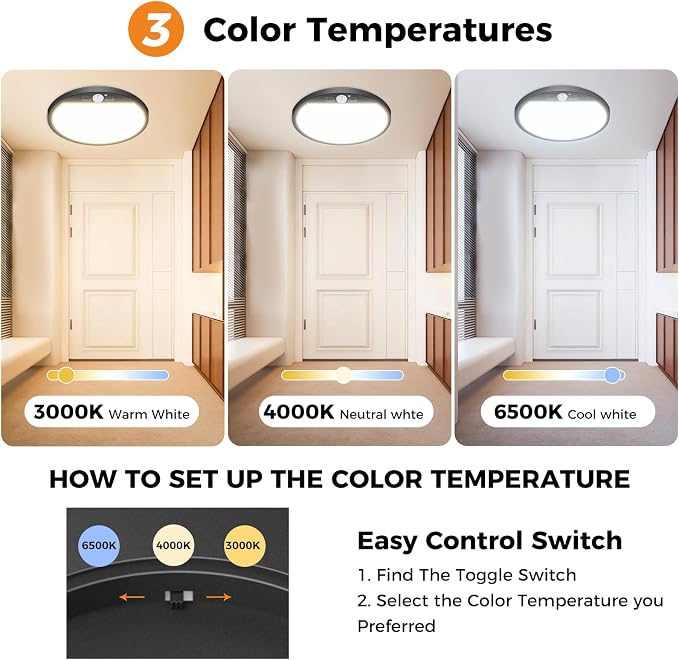 slochi 4Pack Motion Sensor Light Indoor Wired, 12 Inch 3000K/4000K/6500K Closet Lights Motion Sensored, 24W 2400LM Flush Mount Ceiling Light for Hallway Pantry Stairwell Porch, Black