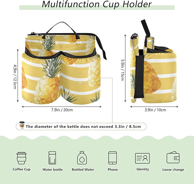 Summer Yellow Striped Pineapples Luggage Cup Holder Travel Portable Free Hand Drink Carrier Suitcase Drinks Beverage Holder Carry-On Bottle Mug Holder Organizer Bag Travelers Accessories