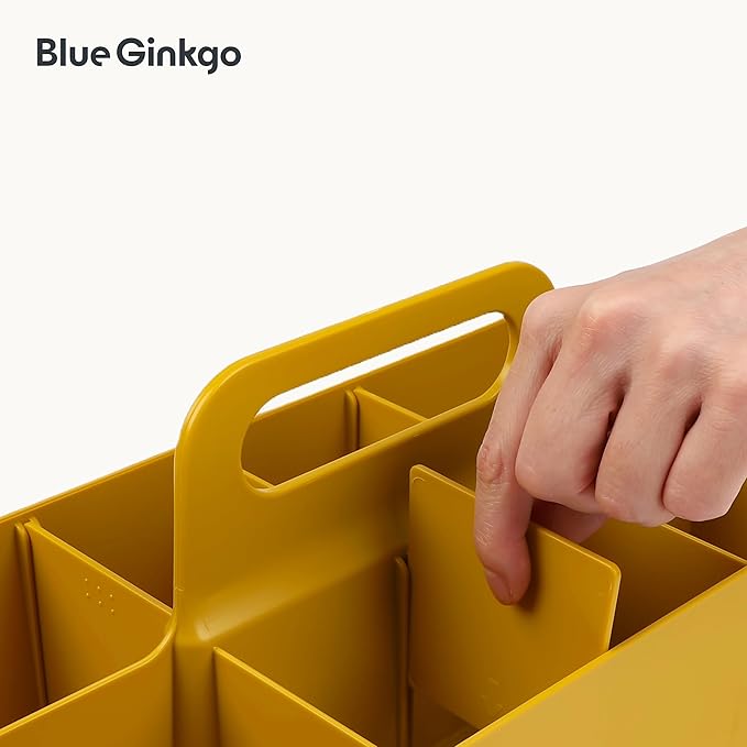 BLUE GINKGO Stackable Organizer Caddy – Korean-Made Portable Tote for Bathroom, Office, Crafts, or School Supplies (Long Rectangle, Yellow)