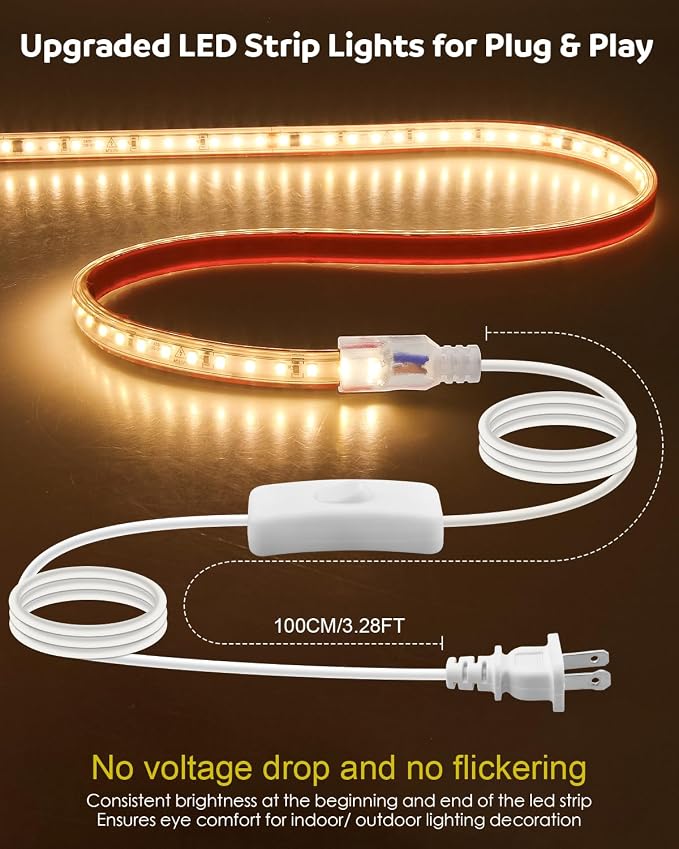 Aclorol AC 110V LED Light Strip 6.56FT/2M 240 LEDs Warm White 3000K LED Rope Lights Outdoor Waterproof IP65 Flexible for Garden Kitchen Cabinets Living Room Indoor and Outdoor Lighting Decor