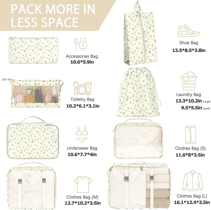 KPX 8 Set Packing Cubes for Travel, Luggage Packing Organizers Accessories Large Toiletries Bag for Clothes Shoes Cosmetics (8Set-Gray Flower)