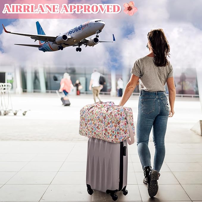 Large Quilted Travel Duffle Bag for Women Floral Portable Gym Weekender Bag with Zipper Pockets Workout Grocery Pouch Duffle Gift Pouch for Work(Pink Floral)