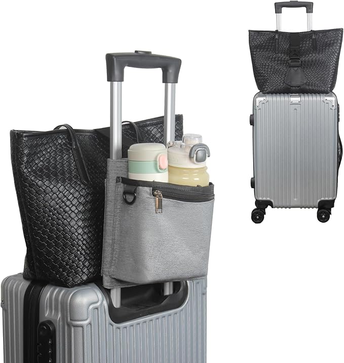 Bokelai Luggage Travel Cup Holder with Straps for Add a Bag Hands Free Suitcases Drink Carrier Beverage Caddy Travel Accessories Flight Attendants Travelers Gray