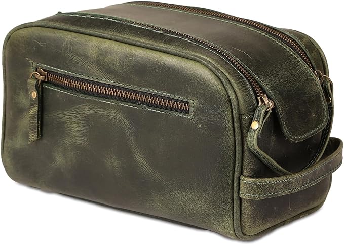 KomalC Leather Toiletry Bag for Men & Women – Handcrafted Travel Grooming Kit with Water-Resistant Lining and Secure Zipper Closure
