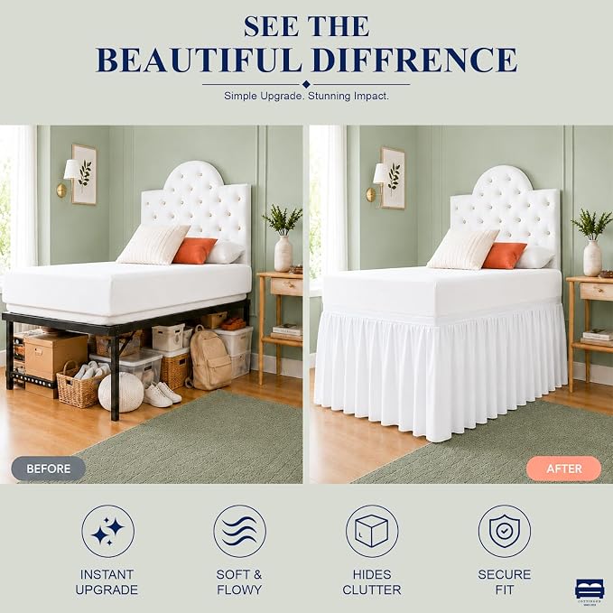 Cottingon Dorm Room Bed Skirt, 100% Microfiber, White, Twin XL-30 Drop