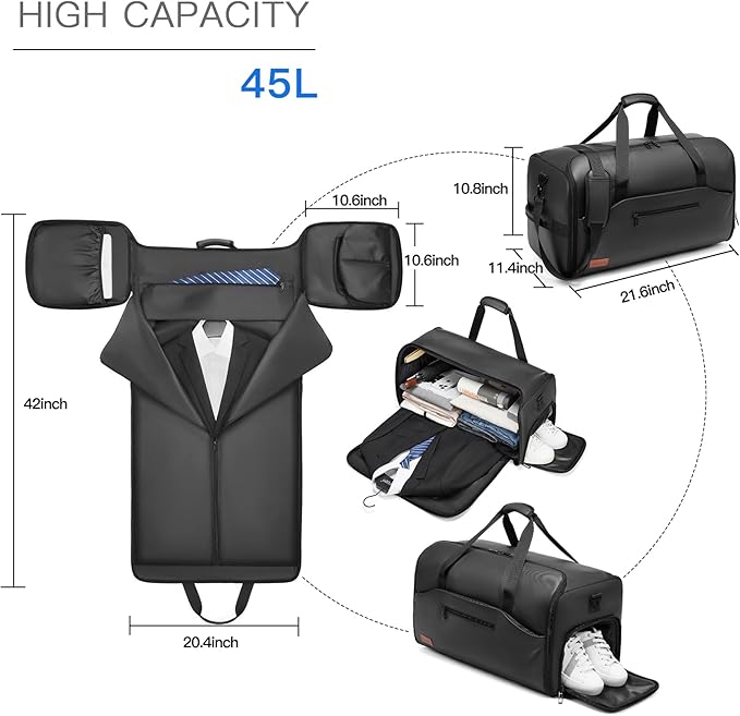 Garment Bags for Travel,45L Carry on Convertible Garment Duffle bag for Men Women - 3 in 1 Hanging Suit Travel Bag with Shoulder Strap