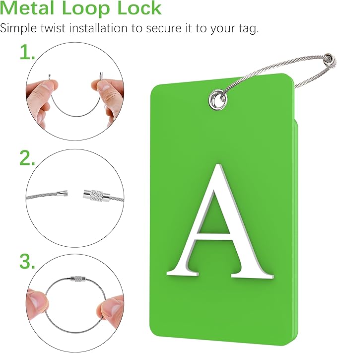 Gostwo 2 Pack Luggage Tags for Suitcases, 26 Initial Letter Travel Luggage Baggage Identification Labels ID Tag Fully Bendable Tags with Stainless Steel Loop (Green) (Letter A)