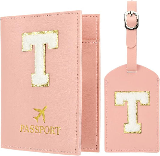 PATIKIL Passport Holder for Travel, Initial Passport Cover and Luggage Tag Set with Alphabet Chenille Letter Patch Travel Wallet Bag Suitcase Identifier for Women Family Travel Pink T