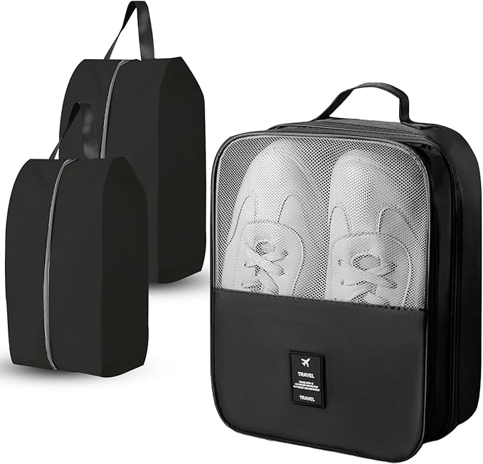 Shoe Bags for Travel Holds 3 Pair of Shoes, Shoe Storage Pouch with 2 Pack Portable Bags, Waterproof & Washable, Black