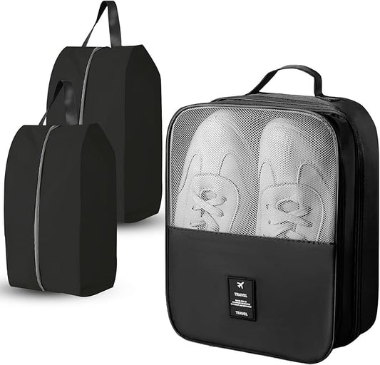 Shoe Bags for Travel Holds 3 Pair of Shoes, Shoe Storage Pouch with 2 Pack Portable Bags, Waterproof & Washable, Black