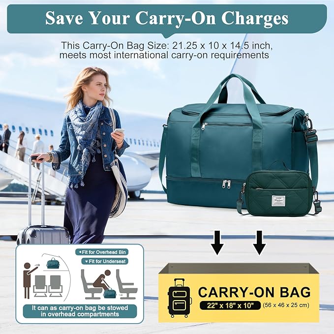 Extra Large Travel Duffle Bag,Carry on Overnight Bag with Shoes Compartment,Weekender Bags for Women for Travel Business Trips Sport Hospital,3 Pcs Set,Peacock Blue