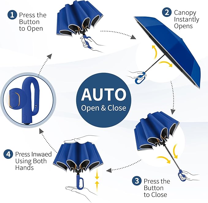 Seniny Travel Umbrella with Carabiner Handle, Windproof Large Umbrellas for Rain with Dual-Rib Structure, Portable Compact Umbrella with Reflective Strip, Car Backpack UV Umbrellas for Sun Protection