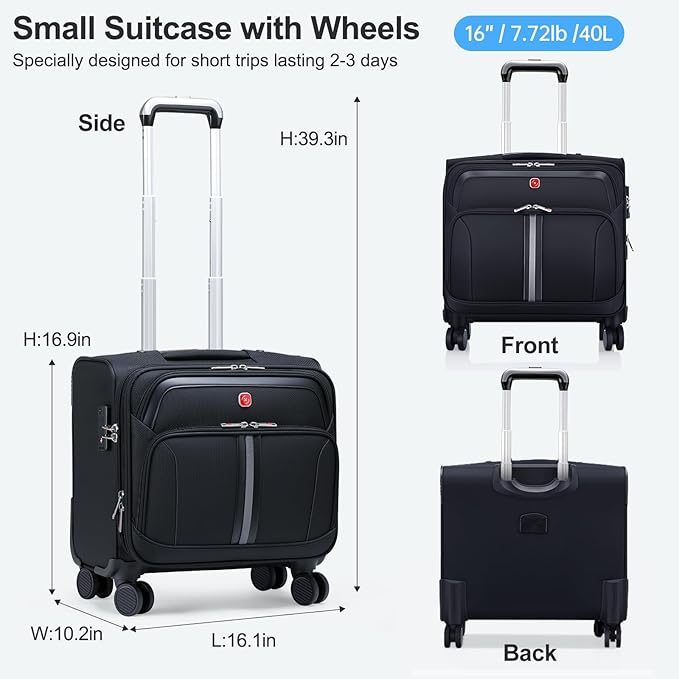 Underseat Carry-On Luggage Lightweight Rolling Tote Bag with 4 Spinner Wheels (Black, 16-Inch)
