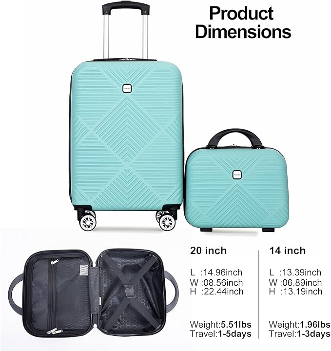 2 Piece Carry on Luggage Set, Airline Approved 20 Inch Luggage with Cosmetic Case HardShell Suitcase with Spinner Wheels, Lightweight Durable Hardside Suitcases Set, Light Blue