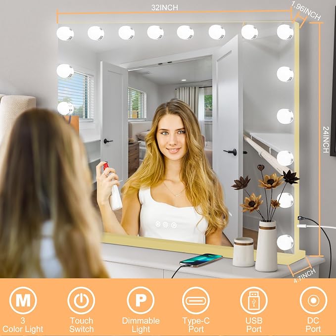 Moonee Vanity Mirror with Lights, Gold Hollywood Lighted Makeup Mirror with 18 Dimmable Bulbs and 10X Magnification, 3 Colors Modes, Aluminum Metal Frame, Light Up Mirror for Tabletop/Wall（32" x 24"）