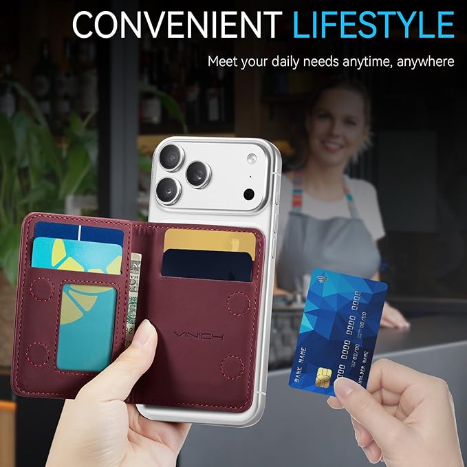 Vinich for MagSafe Wallet Magnetic RFID Blocking Card Holder Compatible with MagSafe Phones and Cases, Strong Magnet Minimalist Phone Wallet for iPhone 17/16/15/14/13/12/Pro/Max/Plus, Burgundy