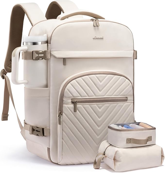 LOVEVOOK 50L Travel Backpack for Women Men, TSA Personal Item Travel Bag Fits 17.3inch Laptop, Waterproof Airline Approved Carry On Luggage With 2 Cubes for Weekender Hiking Business, Beige