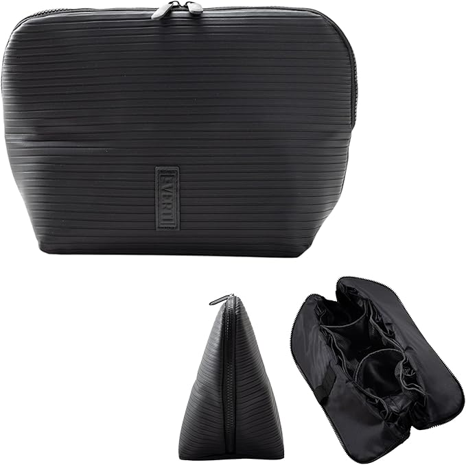 THE VERTI-Vertical Waterproof Makeup & Toiletry Bag | 23-Pocket Organizer with Upright, Fold-Down Design for Skincare, Toiletries & Essentials (Onyx)