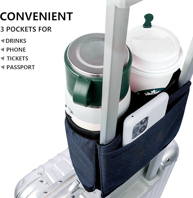 riemot Luggage Travel Cup Holder Free Hand Drink Carrier - Hold Two Coffee Mugs - Fits Roll on Suitcase Handles - Gifts for Flight Attendants Travelers Accessories Navy Blue
