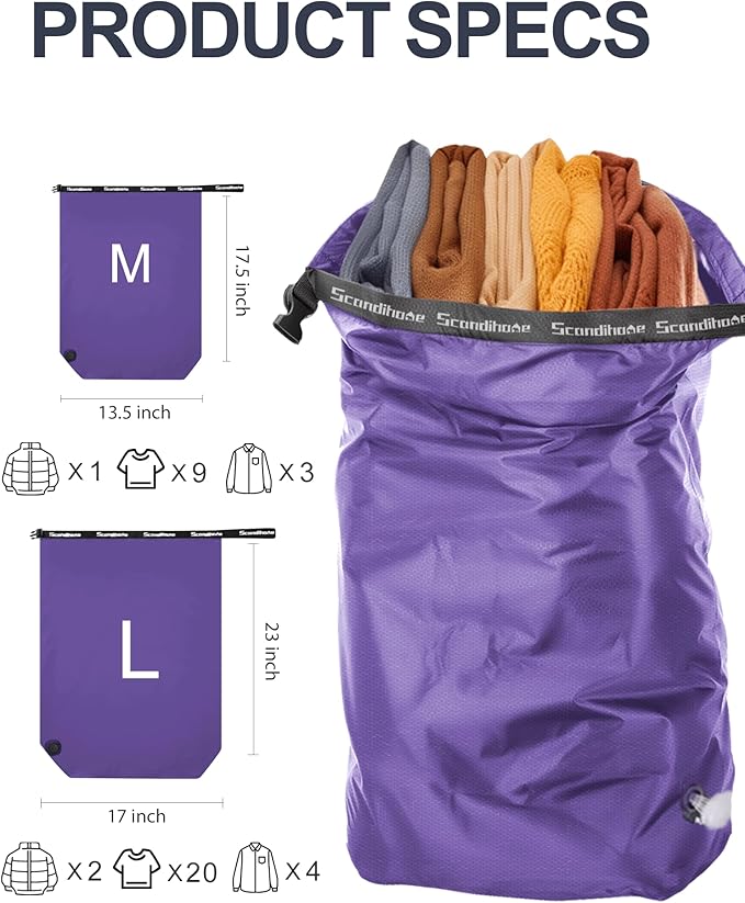 Travel Laundry Bag, Pump-free Vacuum Compression Dirty Clothes Bag, Large Reusable Waterproof & Washable Laundry Bag, Wet and Dry Bag, Ideal for Suitcases, Laundromats (1 Pack) Purple