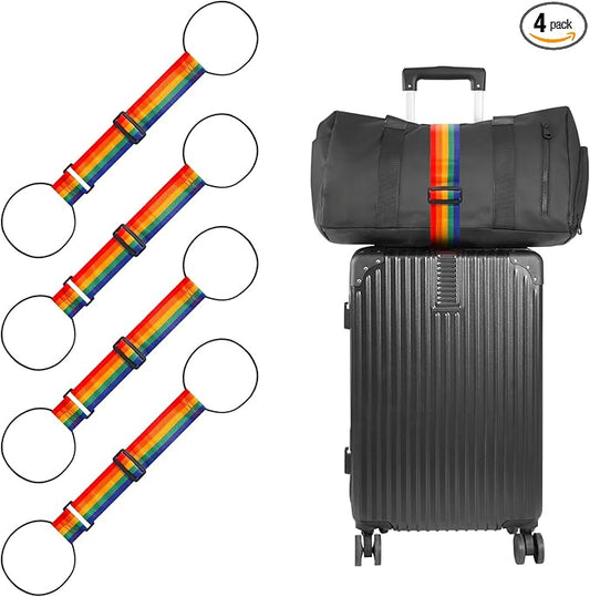 BILIONE Add a Bag Luggage Straps 4 Pack, Adjustable Bungee Elastic Belt to Connect Two Suitcases, Secure Carry On & Travel Essentials (Rainbow)