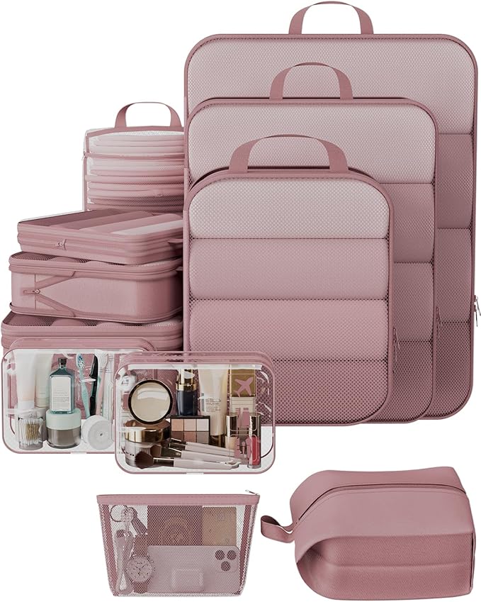Veken 11 Set Compression Packing Cubes for Travel Essentials,Compressible Expandable Large Luggage Suitcase Organizer Bags for Clothing,Durable Space Saver Storage Bags with Toiletry Bags(Light Coral)