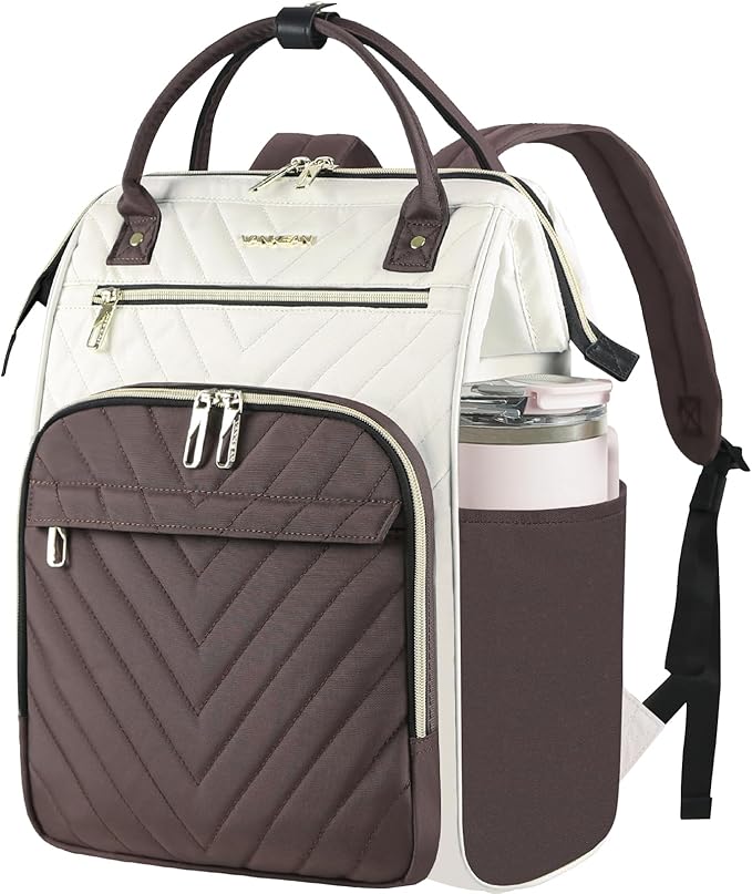 VANKEAN 17 Inch Laptop Backpack for Women Men Fashion Computer Work Bag, Large Capacity Waterproof Backpack with USB Port & RFID Pockets, College Daypack Business Travel, Beige-Coffee