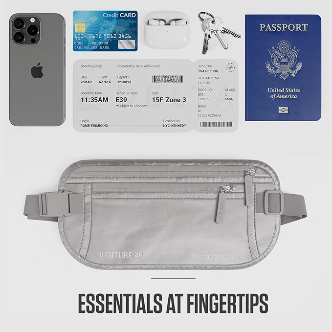 VENTURE 4TH Money Belt for Travel – Hidden Under-Clothes RFID Blocking Passport Holder & Slim Travel Wallet Pouch for Men & Women to Protect Cash, Cards & Documents (Sleek Silver)
