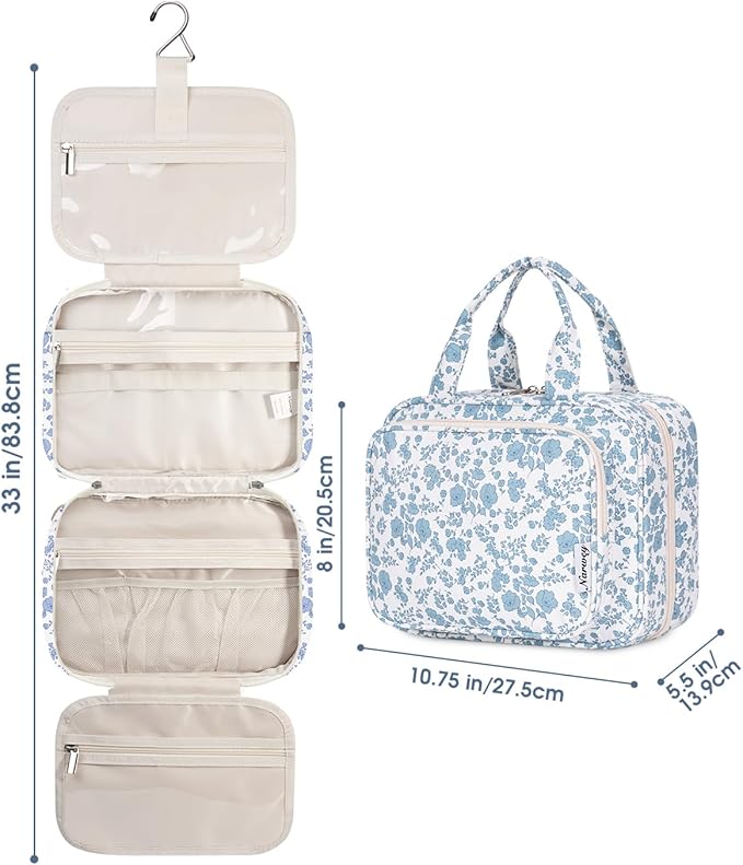 Narwey Hanging Floral Toiletry Bag for Women Travel Makeup Bag Organizer Toiletries Bag for Travel Size Essentials Accessories Cosmetics (Blue Flower (Medium))