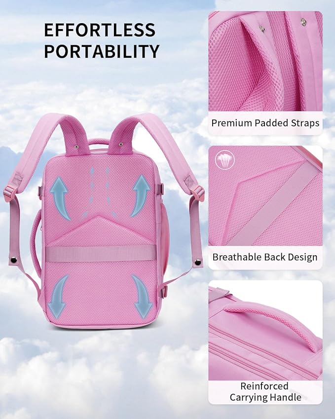 ECOHUB 17" Small Travel Backpack, United Airlines Personal Item Bag 17x10x9 with 16 Pockets, Water Resistant Rucksacks Fit 15.6" Laptop, AirTag Pocket, Lightweight Casual Daypack, 25L, Pink