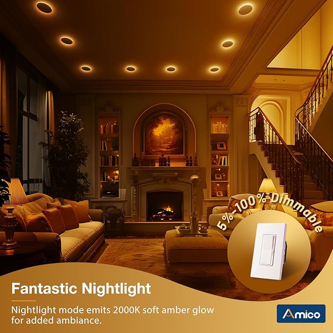 Amico 12 Pack 6 Inch LED Recessed Light with Night Light, 5CCT, 1100LM | Ultra-Thin Ceiling Light, 5%-100% Dimmable, No Flicker, 2700K-5000K, Canless Wafer Downlight with J-Box, 12W=110W, IC/ETL/FCC