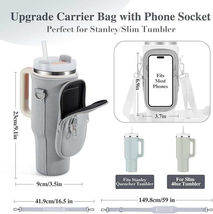 linmaya Water Bottle Carrier Bag for Stanley Cup 40/30oz with Phone Holder Pockets,Neoprene Water Bottle Cross-body Bag with Adjustable Shoulder & Hand Strap Stanley Cup Accessories