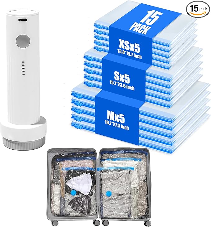 Vacuum Storage Bags for Travel - 15 Pack Compression Packing with Wireless Electric Pump for Luggage Vacuum Seal Bags for Clothes Space Saver Organizer for Moving Clothing Suitcase Travel