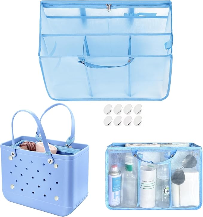XYFuuee Beach Bag Organizer Inserts for Baby Medium Bogg Bag Accessories with 8 Removable Metal Fasteners, Lightweight Mesh Insert Divider Pouch, Organizing Rubber Tote, Save Storage Space, Blue M