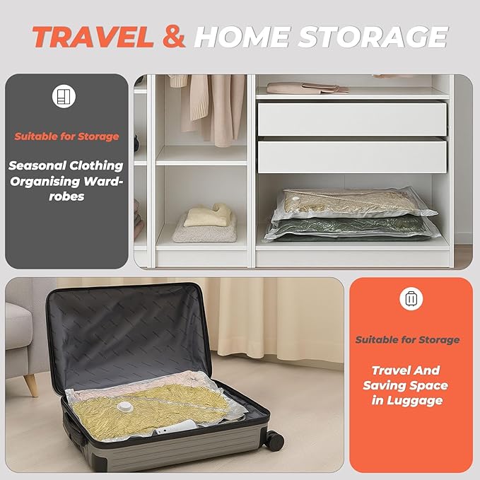 Travel Vacuum Seal Bags, 8 Pack 34" Vacuum Storage Bags with Rechargeable Cordless Pump Compression Packing for Clothing Clothes Blanket Bedding, Space Saver for Suitcase Luggage