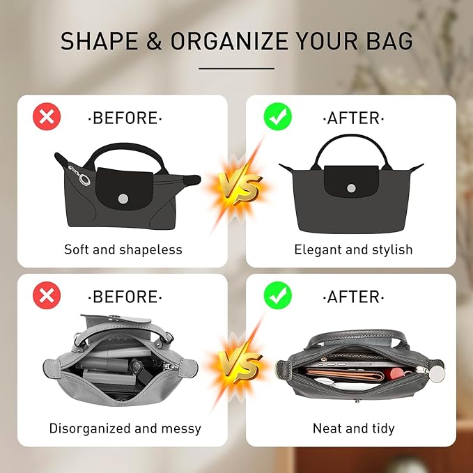 Upgraded Purse Organizer Insert Compatible with Longchamp Mini Xtra/Original/Green XS Pouch, DupontPaper Handbag Organizer Divider Shaper Inner with Zipper, Full-black/XS