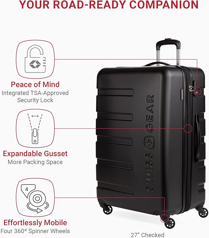 SwissGear 7366 Signature Hardside Expandable Luggage with Spinner Wheels, TSA Lock, Cup-Holder, Black, 3-Piece Set (19/23/27)