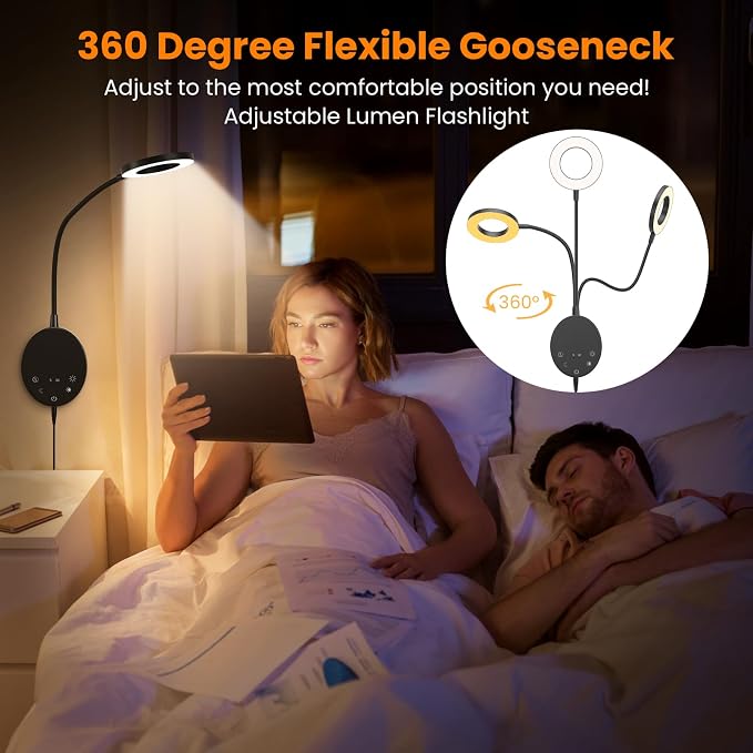 Wall Mounted Reading Light,Headboard Reading Lamp with 5 Color Temperature &5 Dimming,360°Flexible Gooseneck,USB Output, Night Light&Timer Function- Perfect for Reading in Bed Black 2 PCS