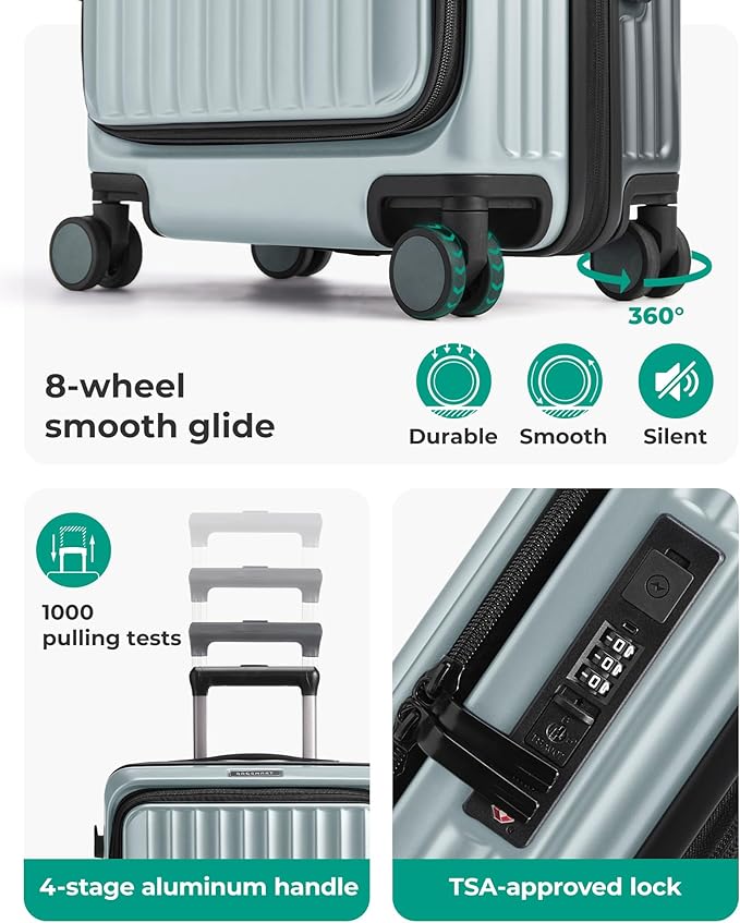 BAGSMART Top Opening Carry On Luggage 22x14x9 Airline Approved with TSA Lock, Expandable 20 Inch Deep Compartment Hard Shell Suitcases with Double Spinner Wheels, Green