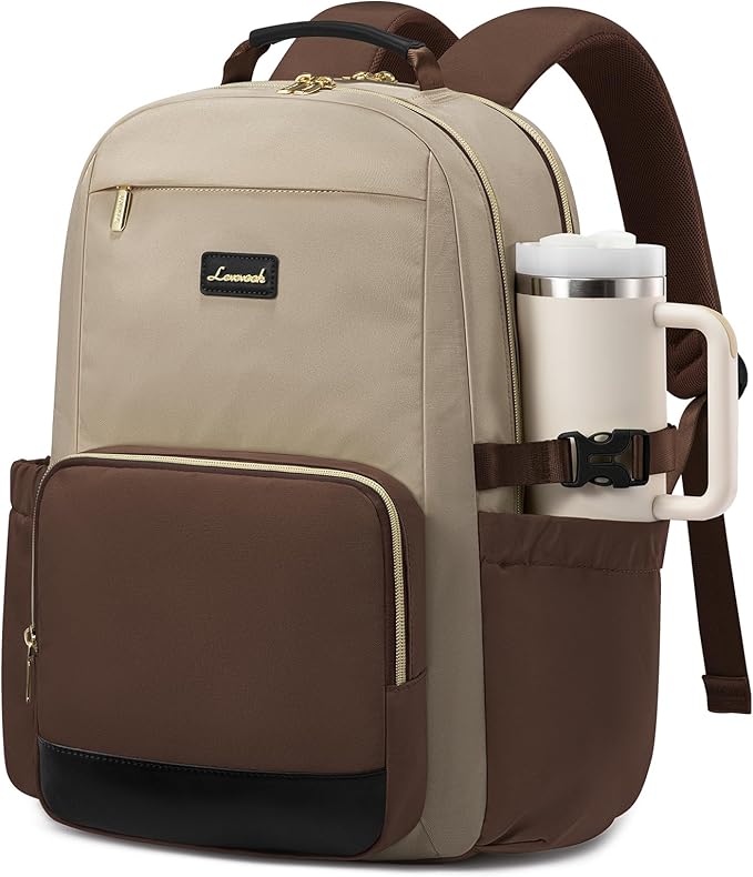LOVEVOOK Laptop Backpack for Women with Pouch Pocket for Large Capacity Cup,17 Inch Teacher Nurse College Work Backpack Purse,Waterproof Laptop Bag Computer Back Pack for Travel, Khaki-Coffee-Black