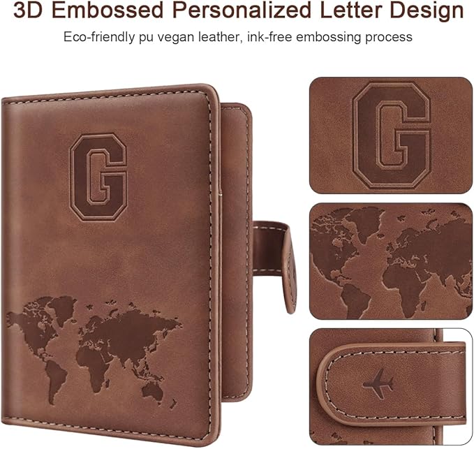 Passport Holder Wallet Cover Personalized Letter A-Z Travel Wallet RFID Blocking Passport Cover Wallet Case for Travel Passport Book Holders for Women and Men, Brown-G