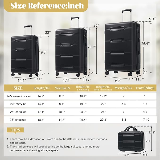 Merax Luggage Set 6 Piece,Lightweight Hardshell Suitcase with Double Spinner Wheels Handle Password Lock,14 IN Cosmetic Case 20/24/28 IN Luggages with Duffel Bag and Toiletry Bag,Black