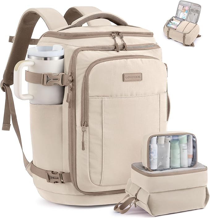 LOVEVOOK Travel Backpack for Women & Men, 40L TSA Approved Carry On Backpack with 3 Packing Cubes, Waterproof Weekender Overnight Bag for 2-4 Day Trips, Business & Travel Essentials, Khaki-Beige