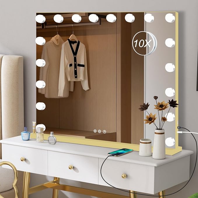 Moonee Vanity Mirror with Lights, Gold Hollywood Lighted Makeup Mirror with 18 Dimmable Bulbs and 10X Magnification, 3 Colors Modes, Aluminum Metal Frame, Light Up Mirror for Tabletop/Wall（32" x 24"）